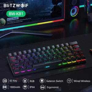 Gaming store  גיימינג BlitzWolf BW-KB1 Wireless bluetooth-compatible Keyboard Gateron Black Switch RGB 63 Keys Layout NKRO Type-C Mechanical Gaming
